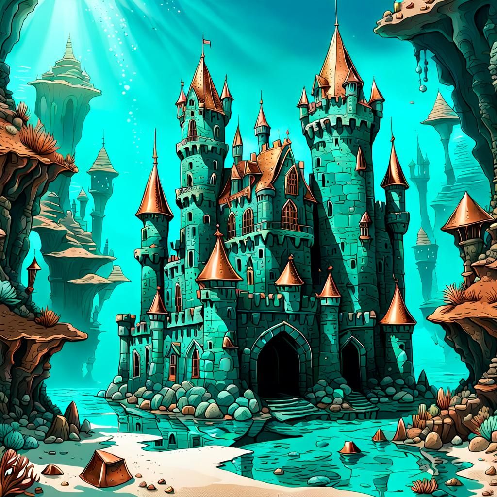 Underwater Turquoise and Copper Castle in Cel-Shaded Style