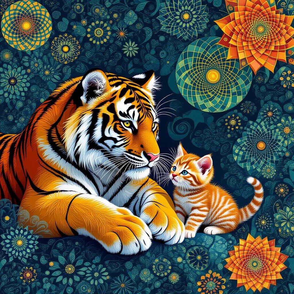 Tiger and Kitten Play Amidst Fractal Patterns