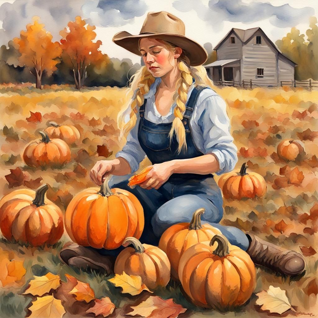 Autumn Harvest: Young Farmer in Gouache Impressionist Style