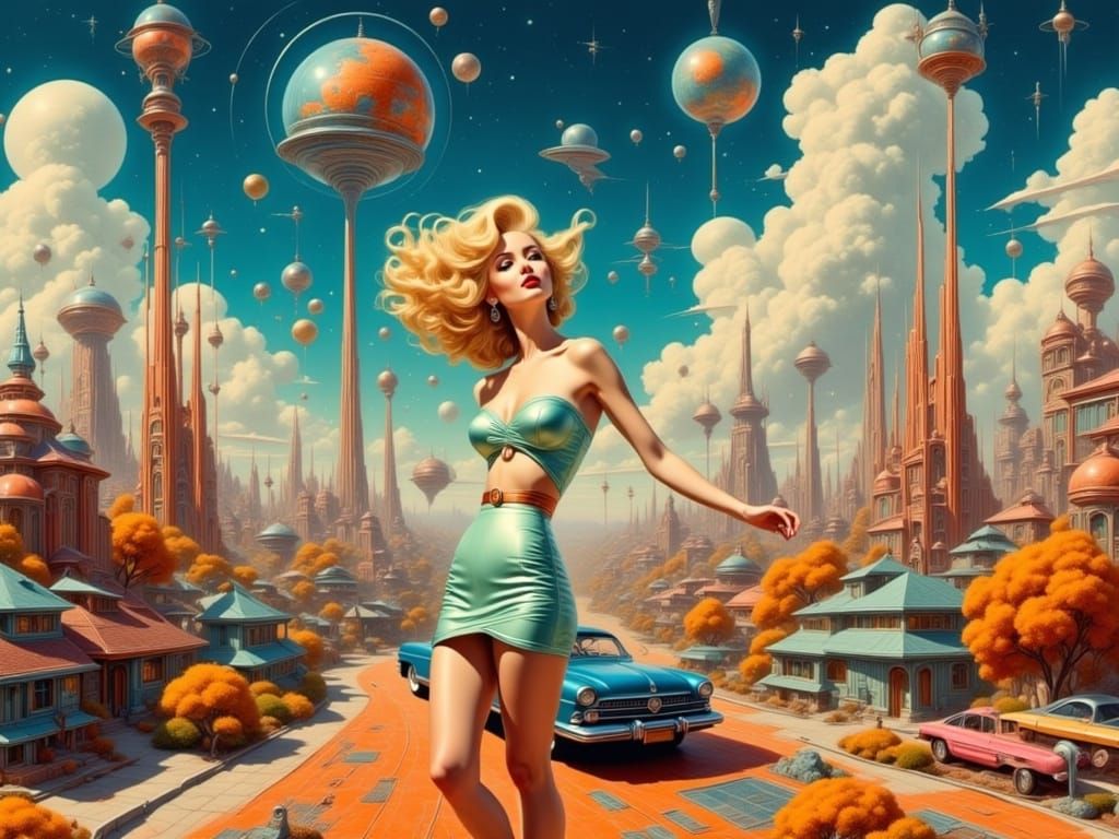 Euphoric Woman in Suburbia: A Surreal Oil Painting