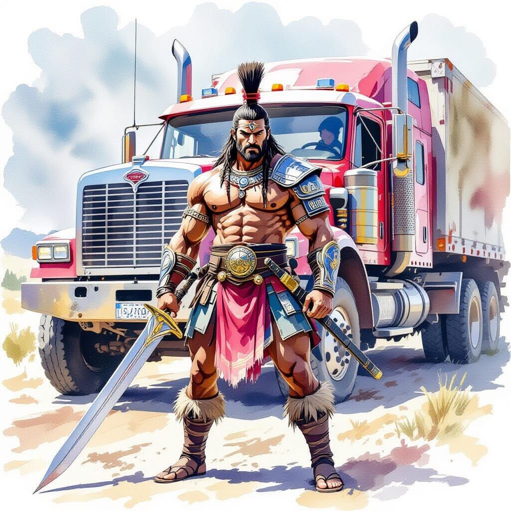Warrior with Sword and Truck in Watercolor Style