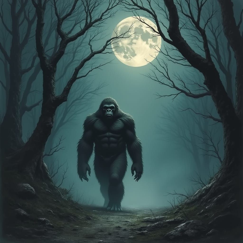 Bigfoot in Spooky Forest, Etching Style