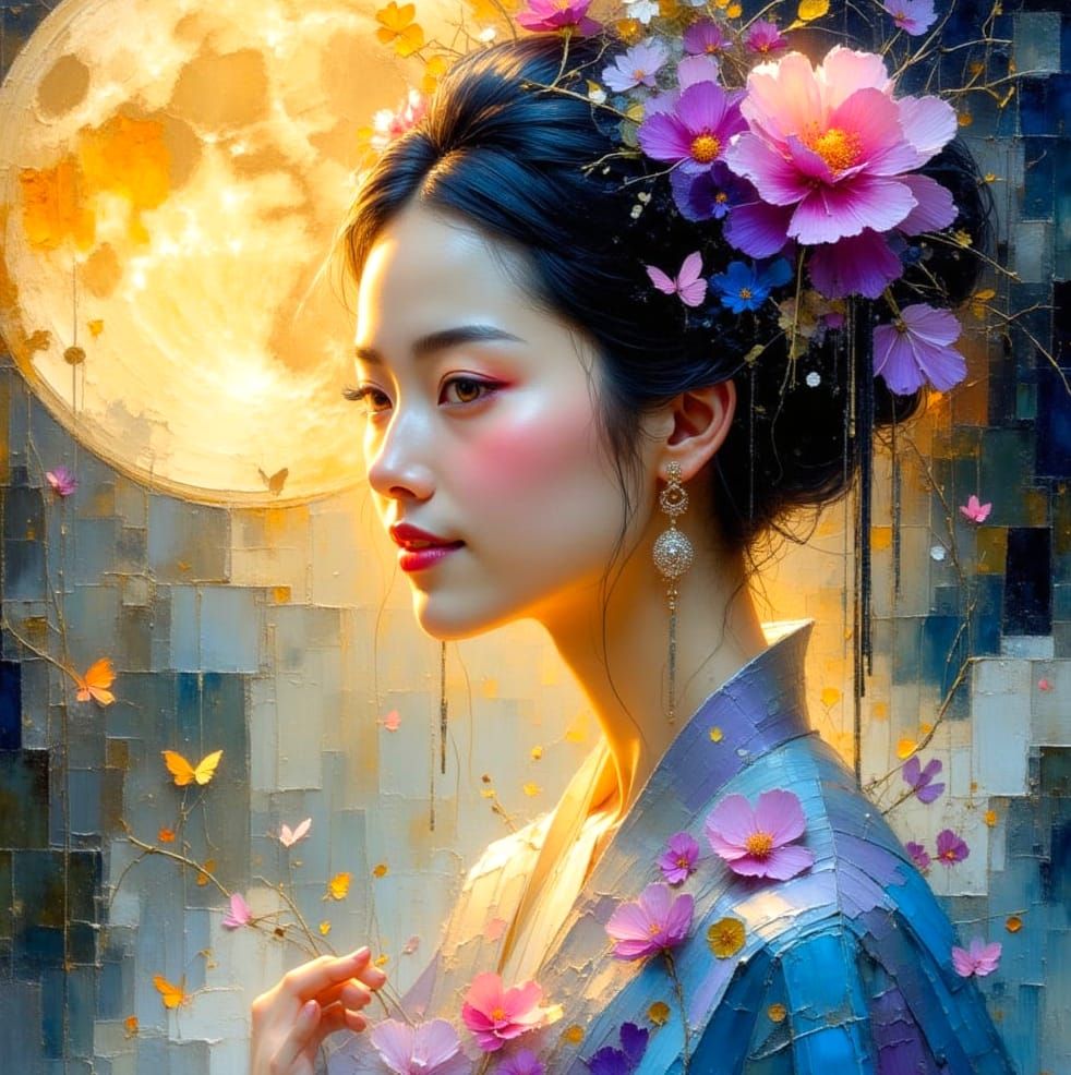 Luminous Chinese Lady with Moon in Impressionist Style