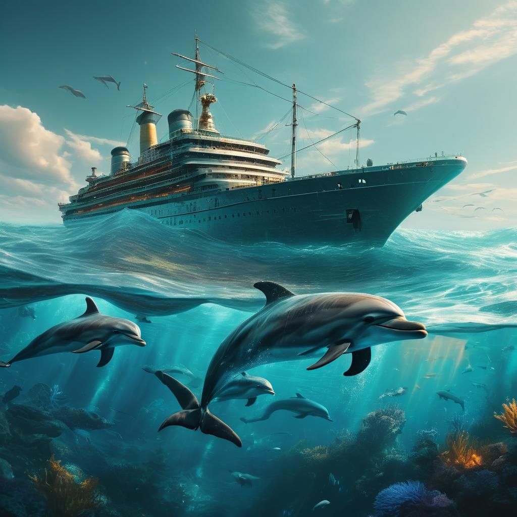 Dolphins Before Ship in Fantasy Art Deco Style