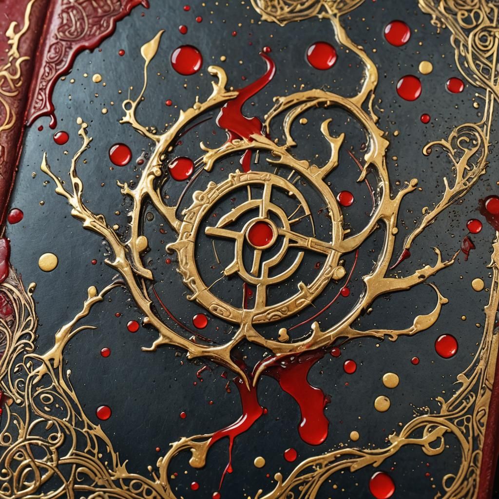 Red Ink Splatters on Ancient Book in Digital Art