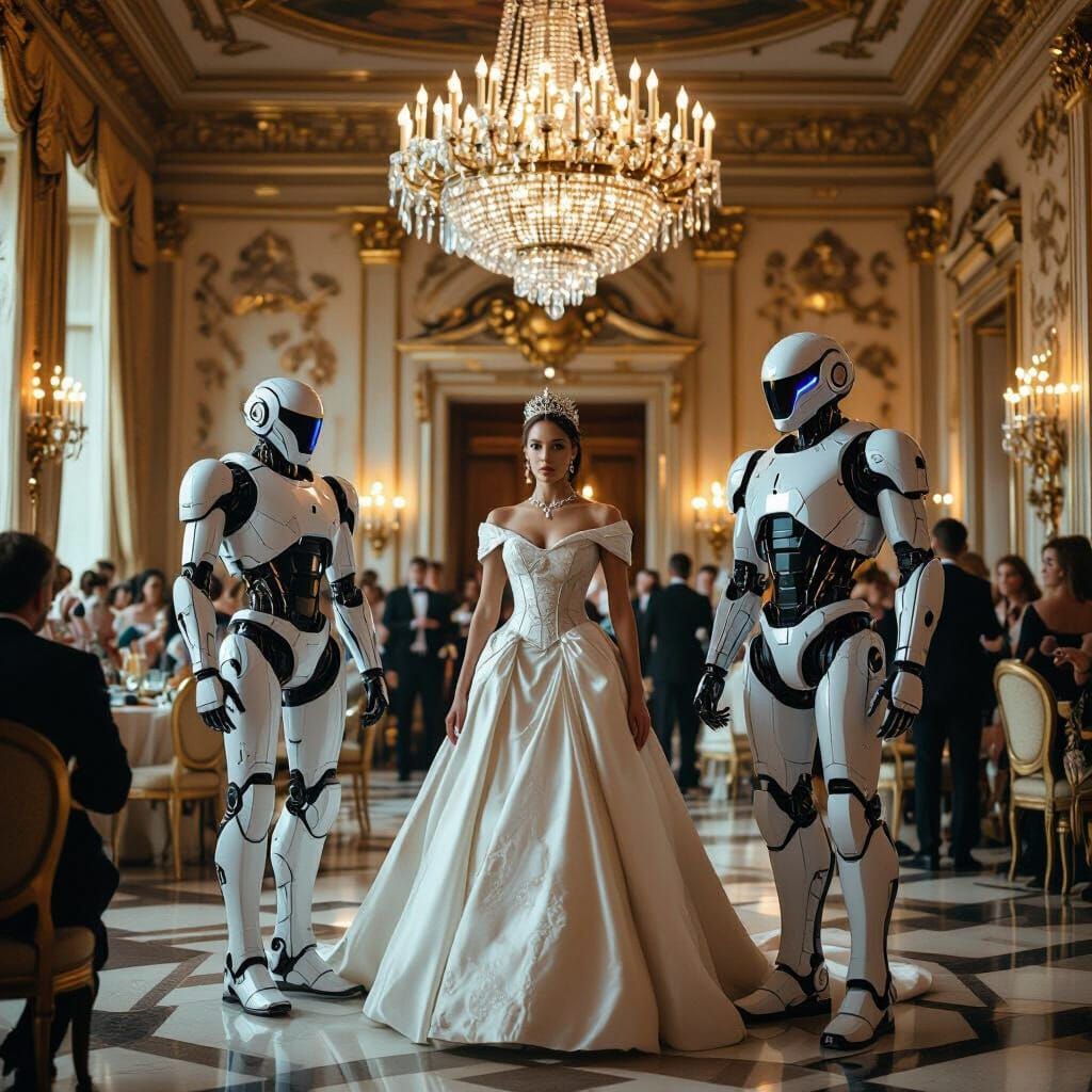 Futuristic Robots Guarding the Empress in Opulent Chateau