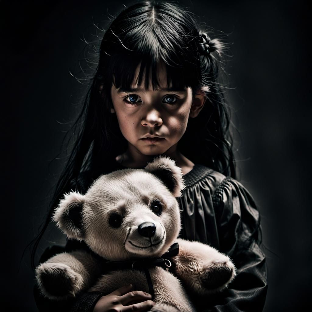 Determined Child with Teddy Bear Portrait