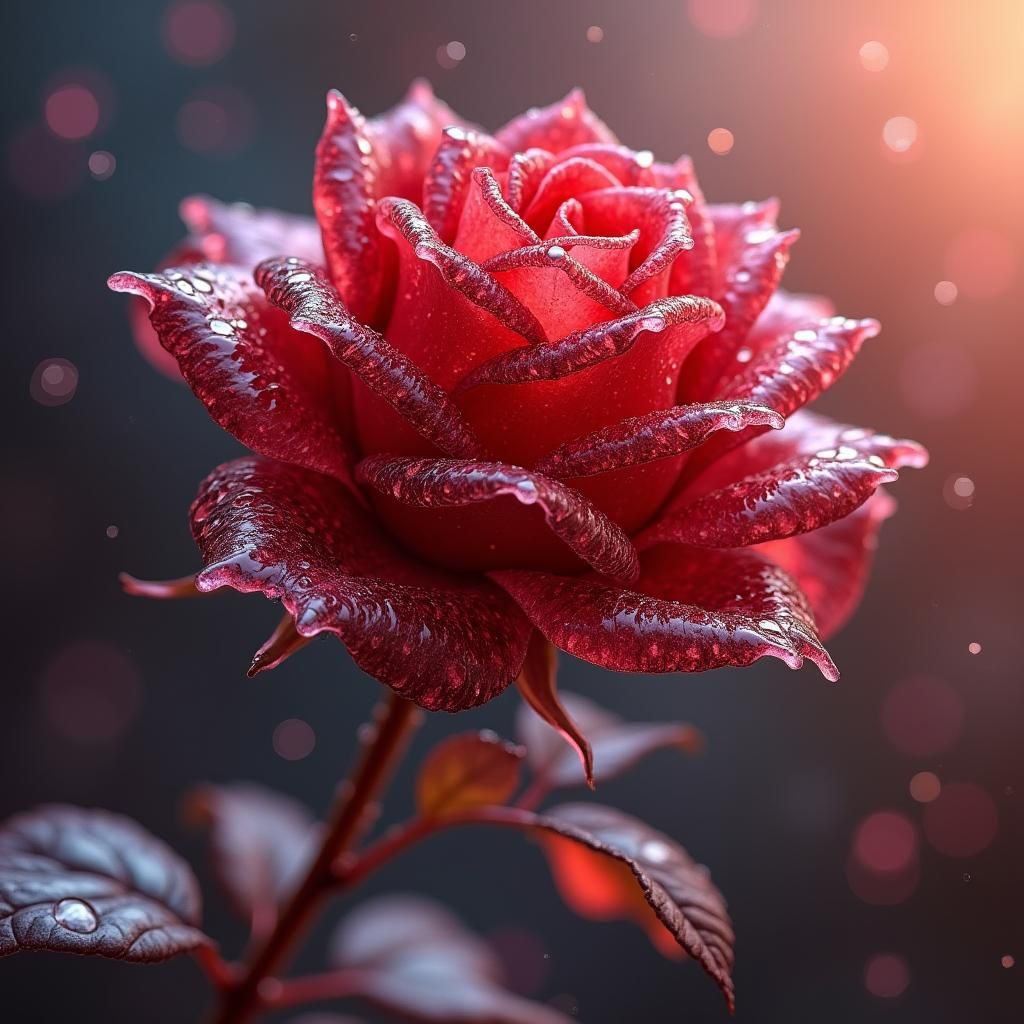 Garnet Glass Rose with Raindrops in Splash Art