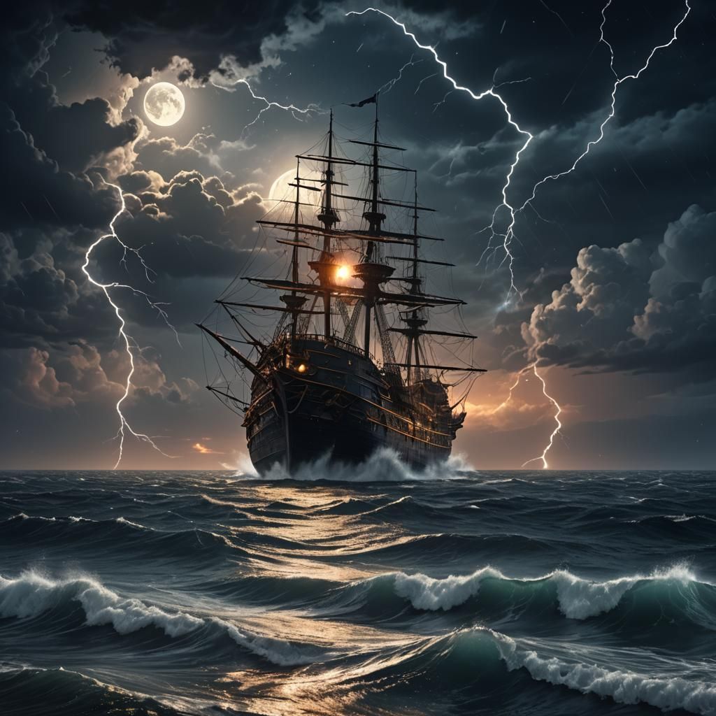 Moonlit Ship on Stormy Sea: Fantasy Concept Art