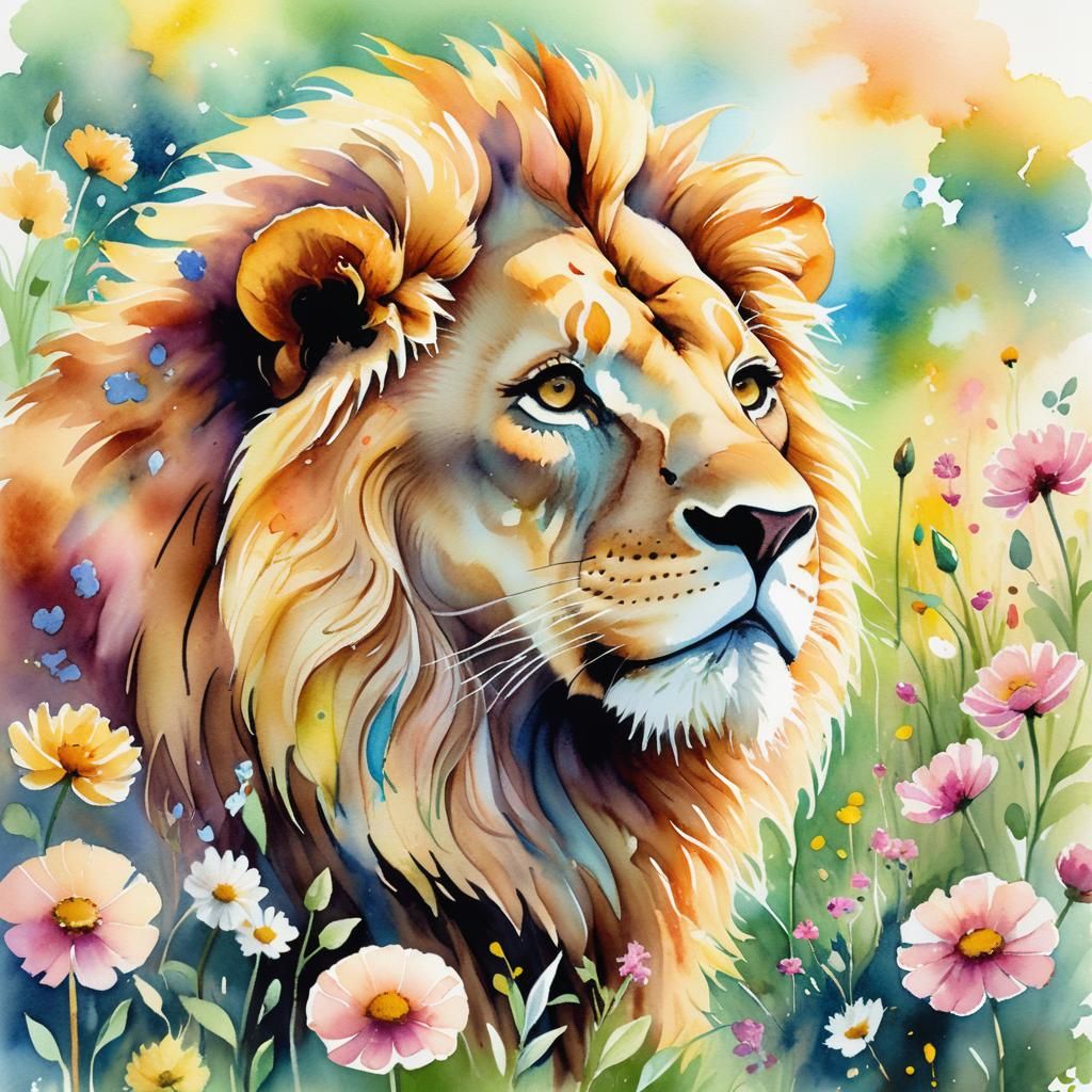 Watercolor Lion Surrounded by Flowers in Meadow
