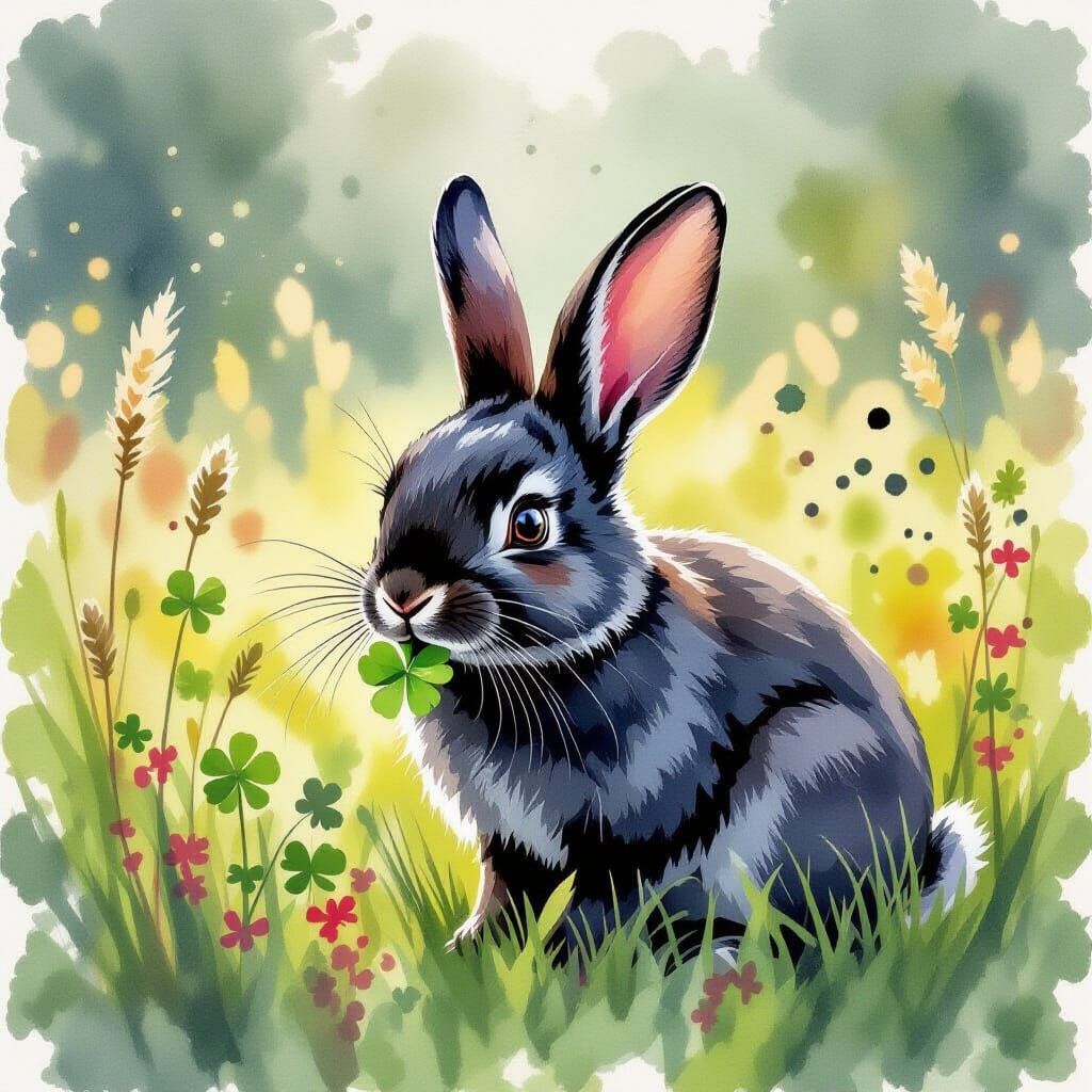 Black Rabbit Eating Clover in Watercolor Style