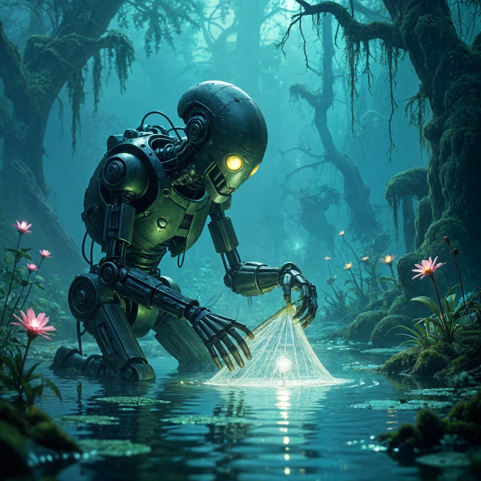 Bioluminescent Swamp Robot Tends Glowing Net