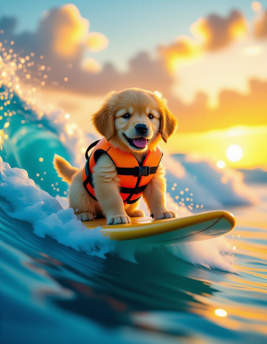 Golden Retriever Puppy Surfing Sunset Wave