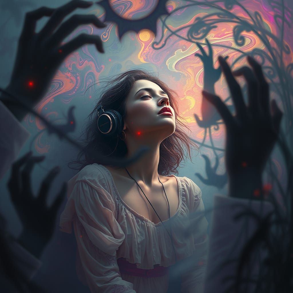 Dreamlike Woman in Eerie Shadows, Surreal Art