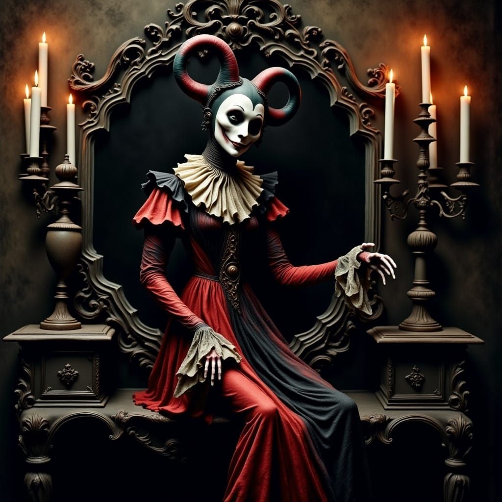 Elegant Macabre Harlequin Doll in Victorian Gothic Attire