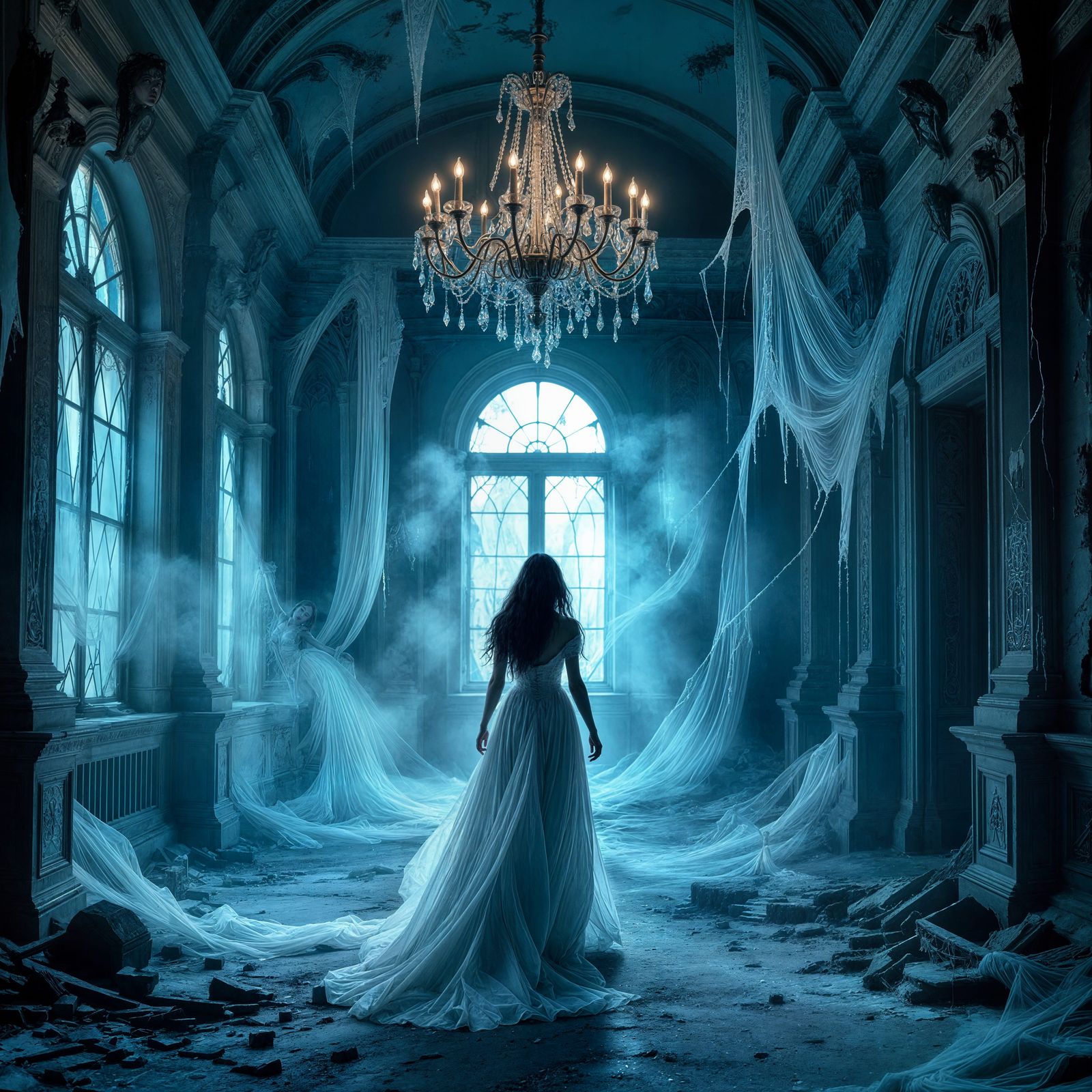Spectral Woman in Gothic Ballroom Ruins