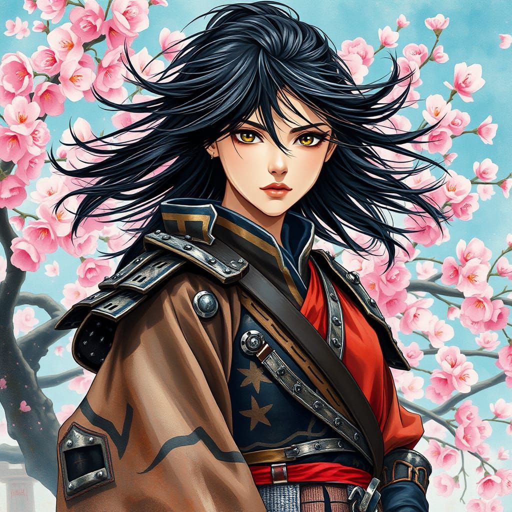 Japanese Warrior Woman in Hokusai-Inspired Cherry Blossom Sc...