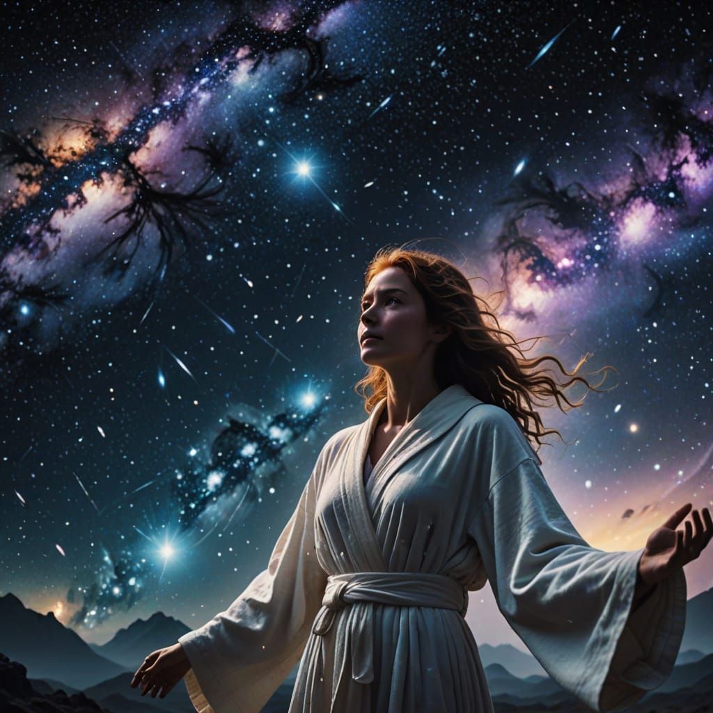 Ethereal Goddess Surrounded by Celestial Wonders in a Moody,...