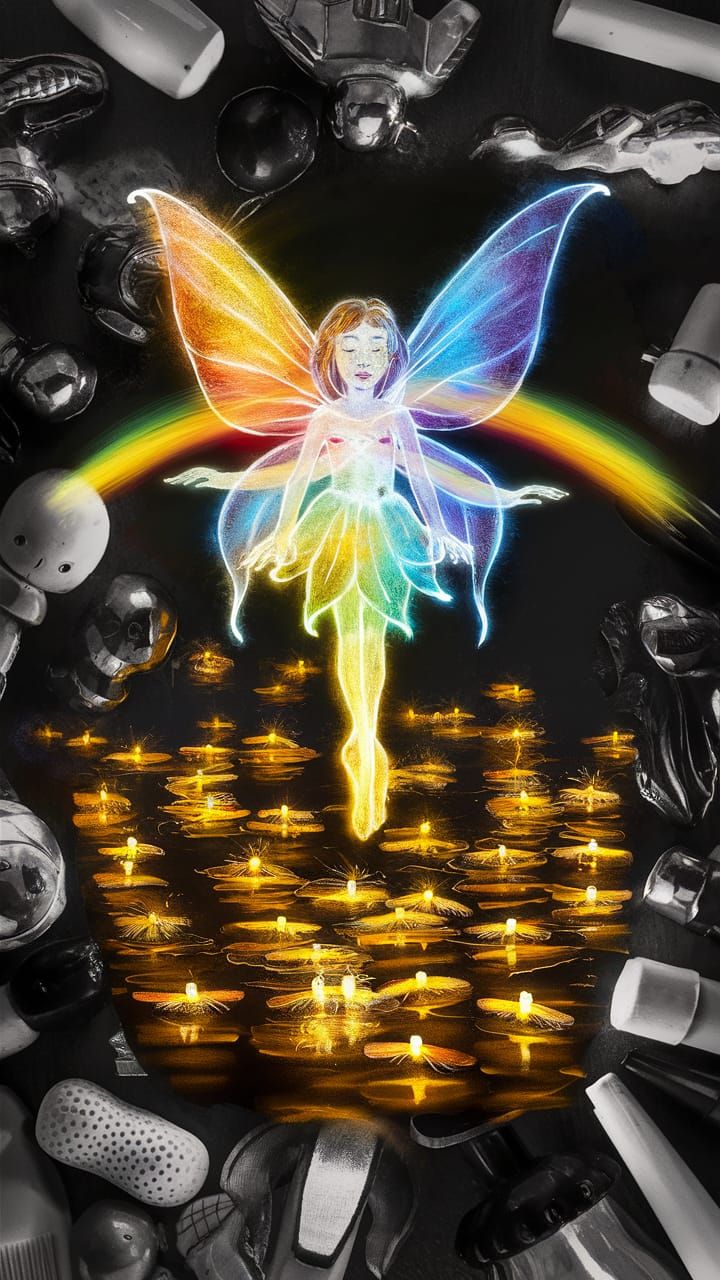 Rainbow Fairy and Fireflies in Surreal Child's Drawing