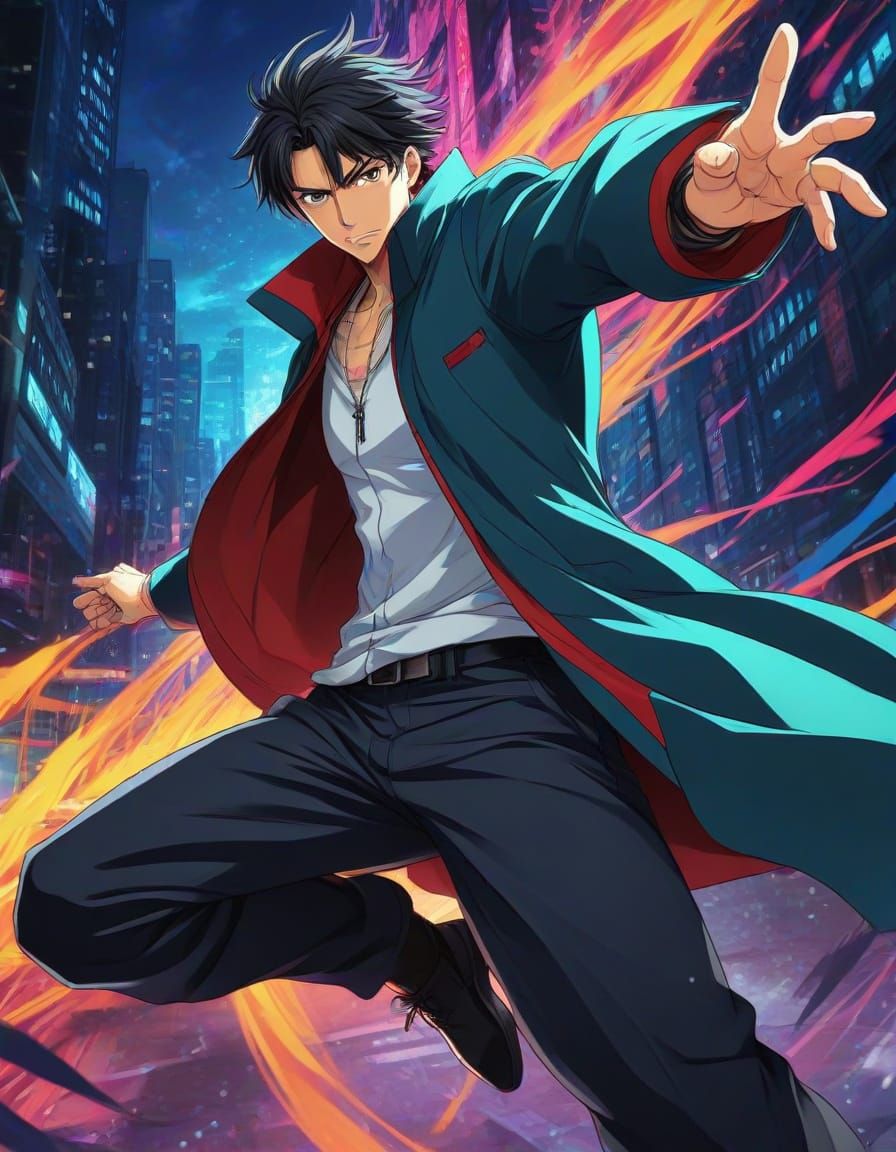 Anime Man in Dynamic Action Pose, Vibrant Japanese Manga Sty...