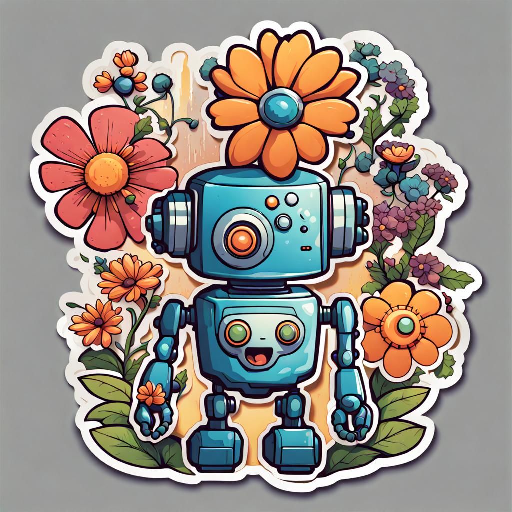 Flower Power Robots: Cartoon Sticker Design