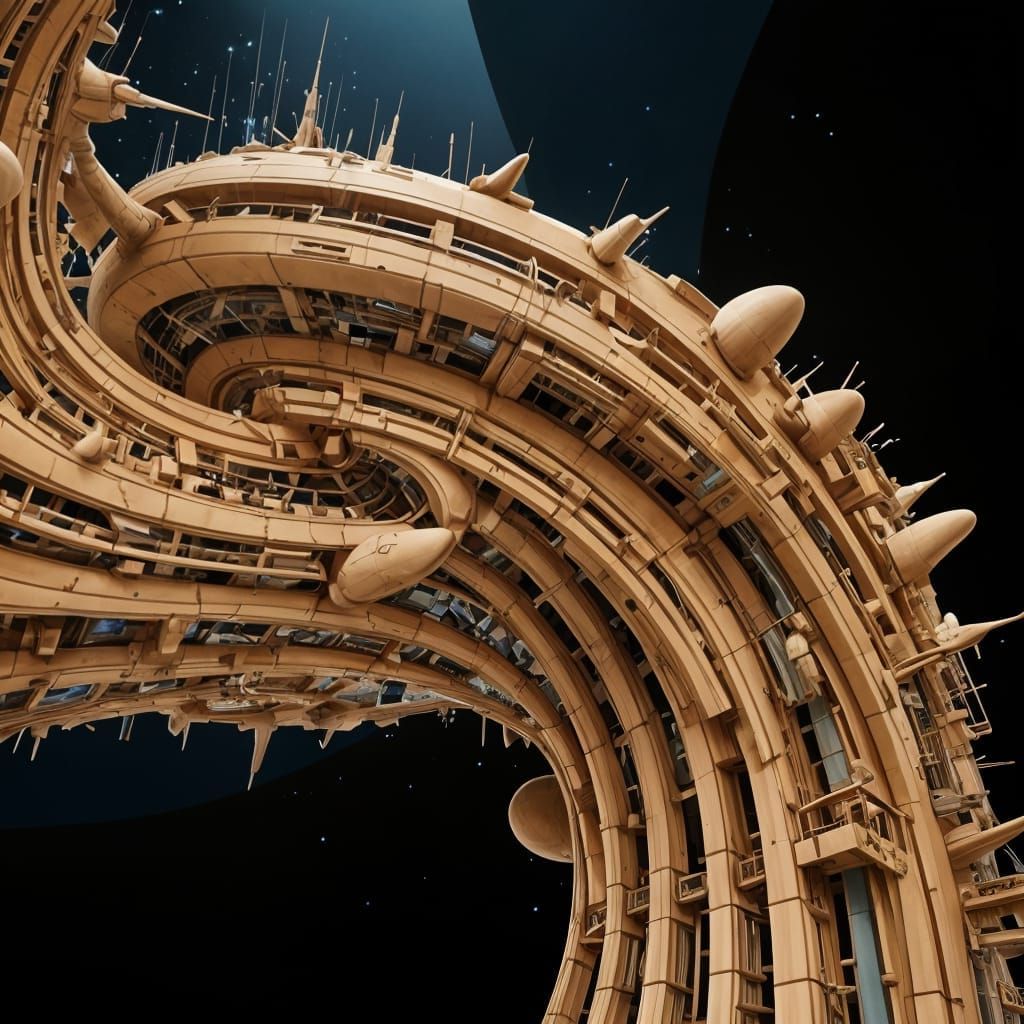 Surreal Futuristic Line Drawing of a Wooden Model Spacecraft