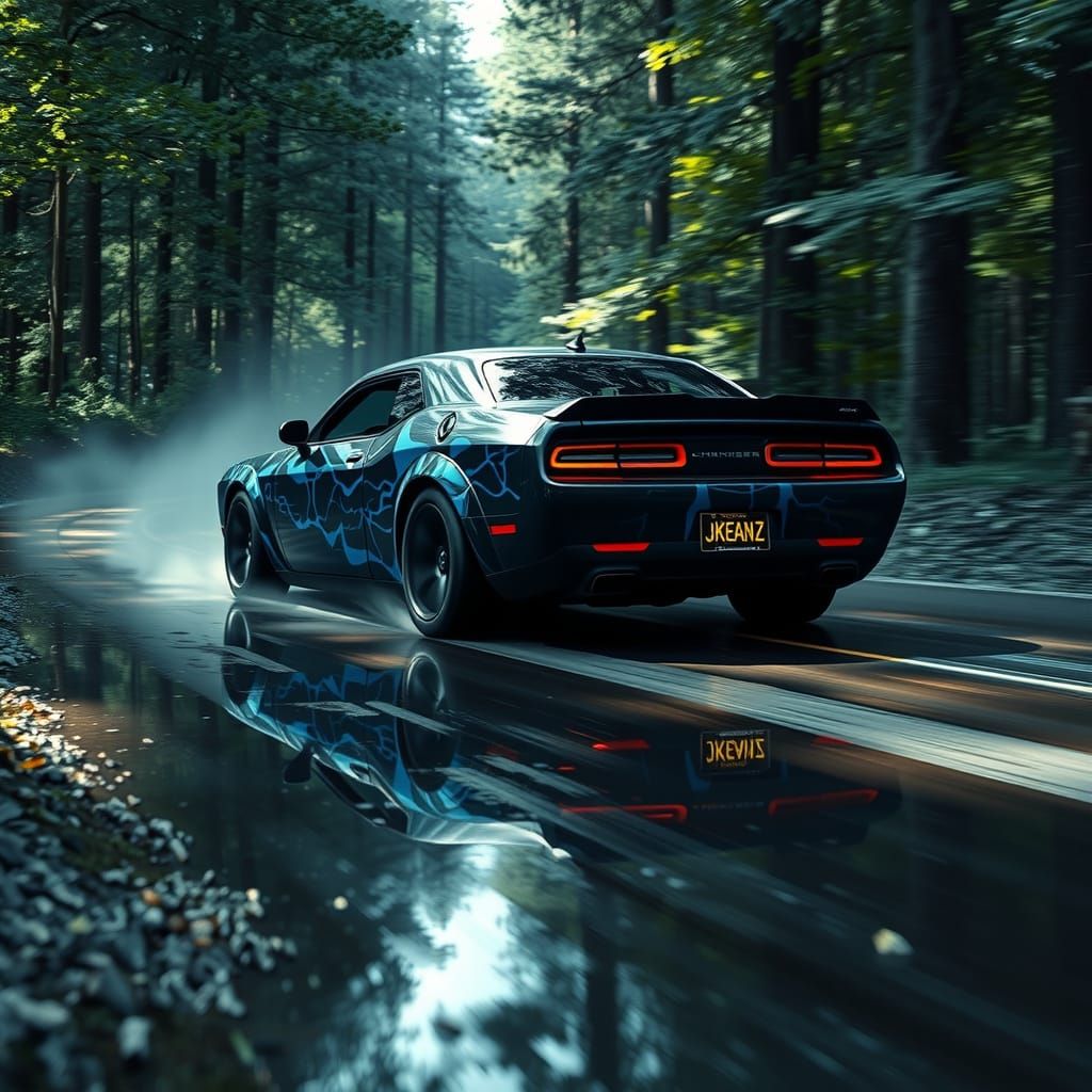 Thunderbolt Dodge Challenger in Lush Forest, Cinematic Style