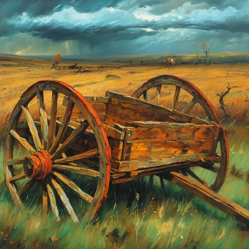 Dramatic Landscape Painting of Handcart Under Stormy Sky