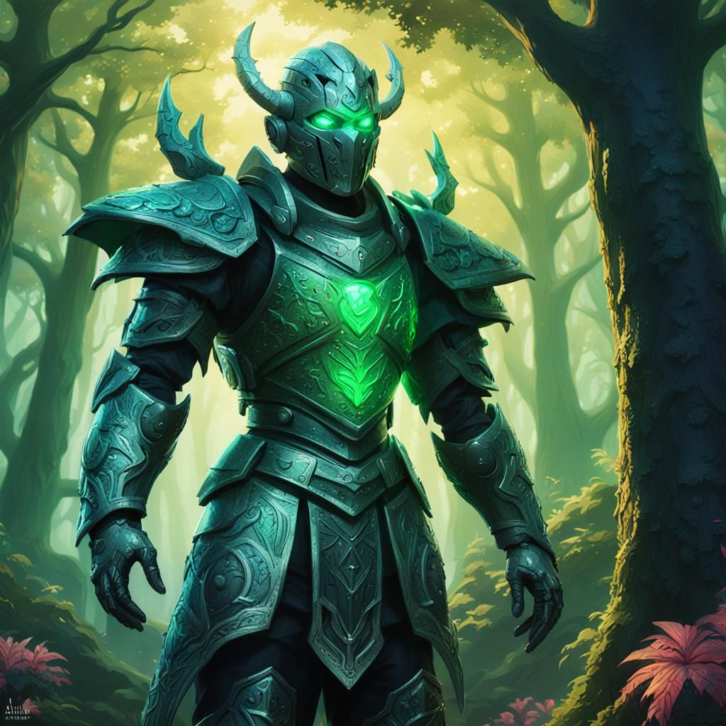 Emerald Warrior in Mystical Forest Concept Art