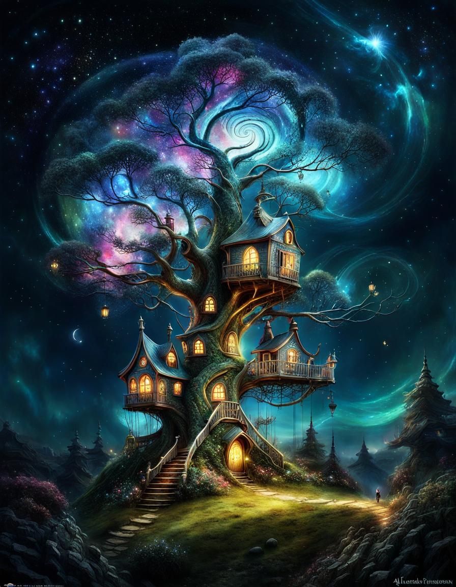 Surreal Tree with Faerie Villages and Starry Nebula