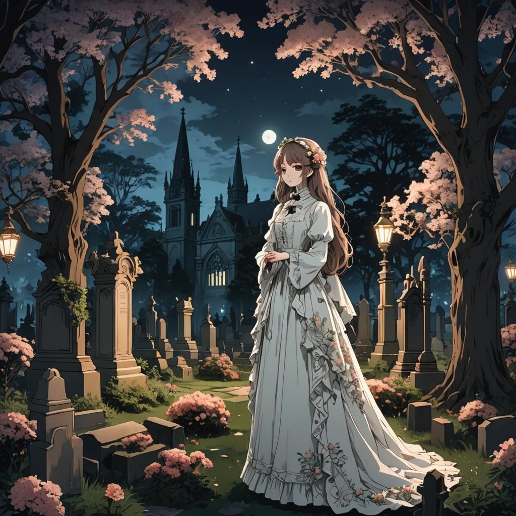 Moonlit girl in a graveyard