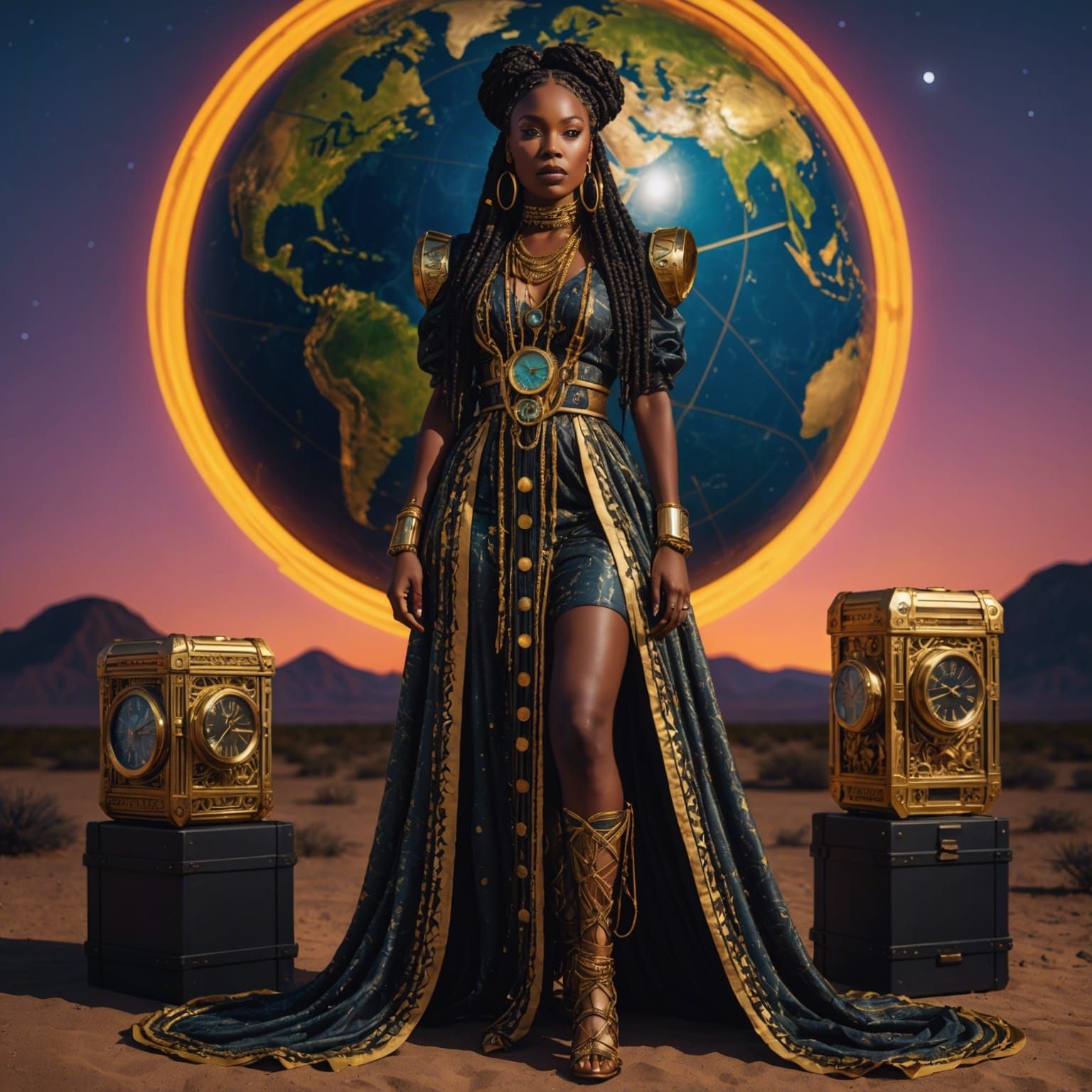 Dark-Skinned Woman Above Earth in Synthwave Style