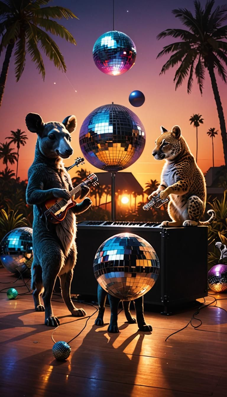 Animals' Neon Sunset Concert: Hyperrealistic Film Still