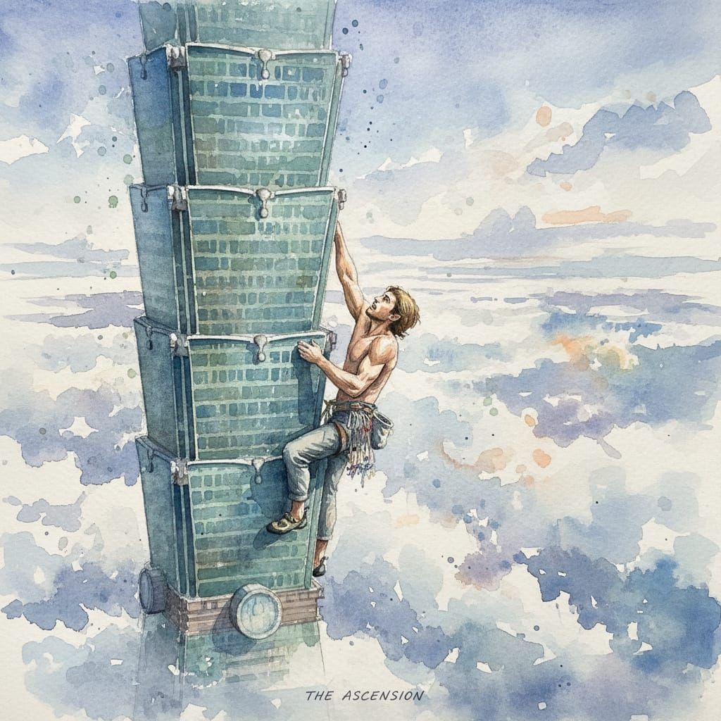 Alex Honnold Free Solo Climbs Taipei 101 in Watercolor Style