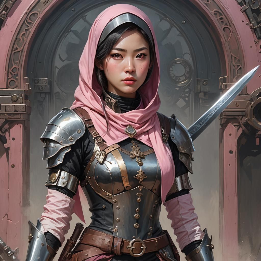 Steampunk Korean Warrior in Steel Armor, Digital Art