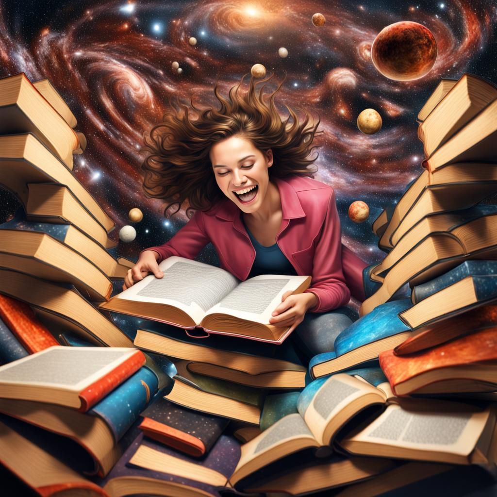 Woman Reading in the Universe: a 3D Render