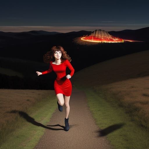 Hyper-Realistic Photo of Kate Bush Running Up a Hill at Nigh...