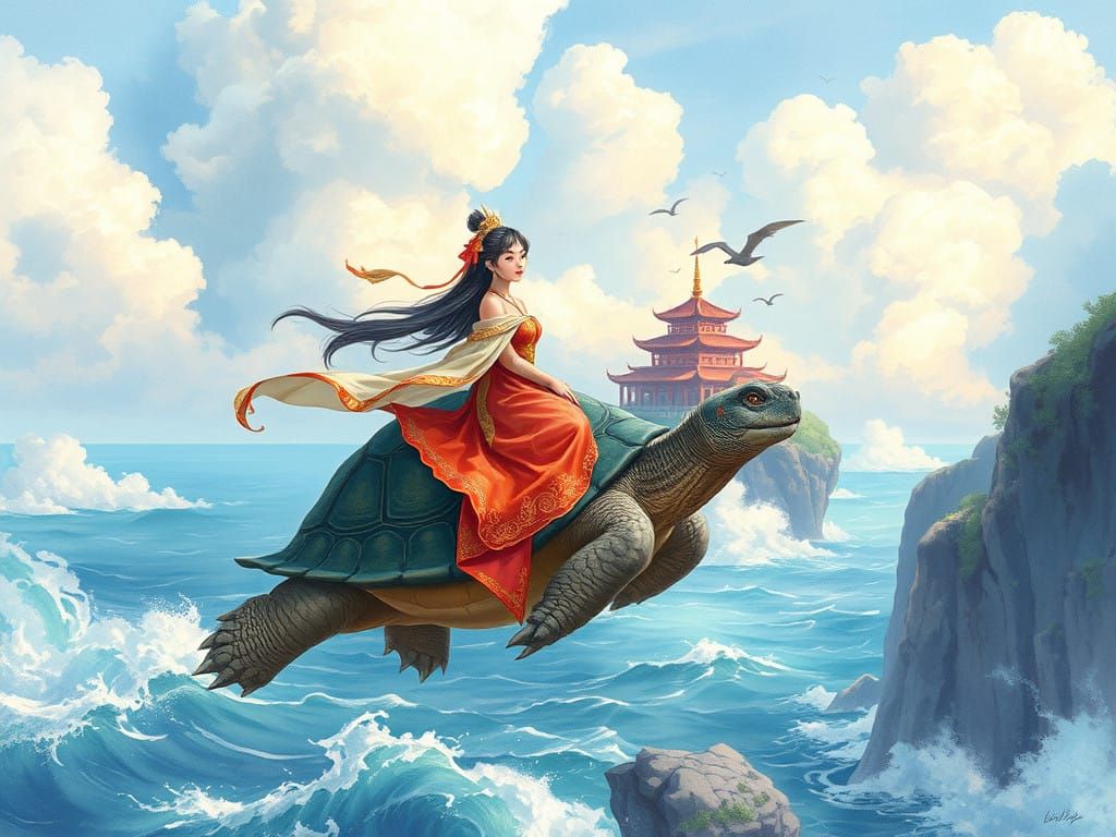 Ethereal Goddess Rides Majestic Tortoise