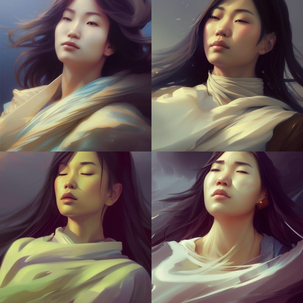 Serene Asian Woman in the Clouds: Digital Portrait