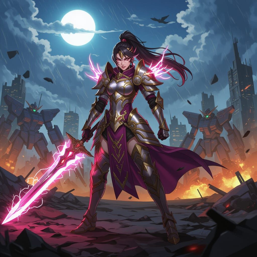 Anime Warrior Queen in Sci-Fi Armor on Battlefield
