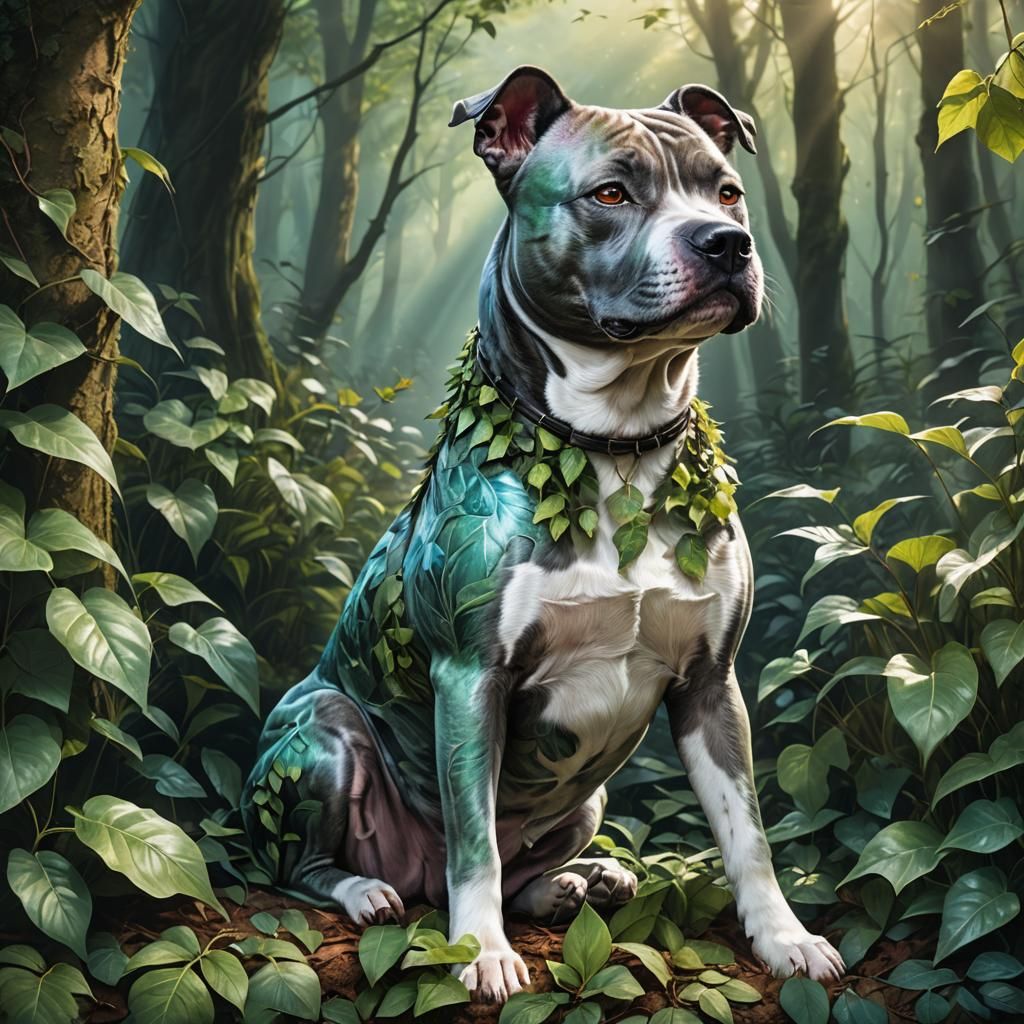 Mystical Staffy Dog in Fantasy Forest