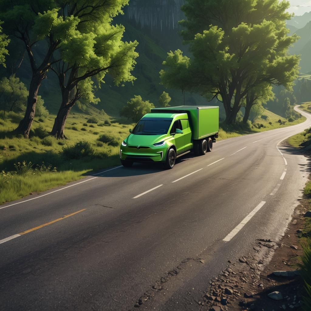 Neon Green Tesla Truck: Matte Painting on Country Road