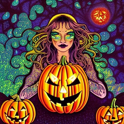 Halloween Goddess with Pumpkins in Cosmic Style