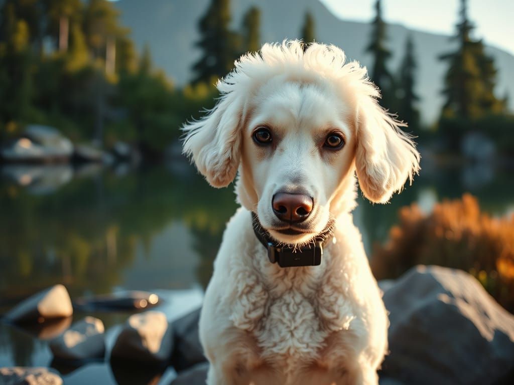 Elegant White Poodle in Serene Mountain Landscape