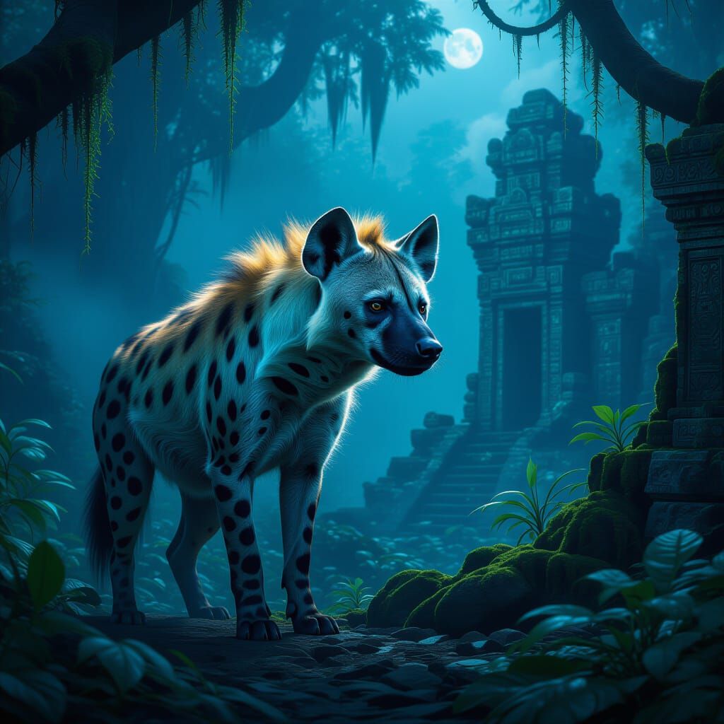 Majestic Hyena in Bioluminescent Jungle Ruins