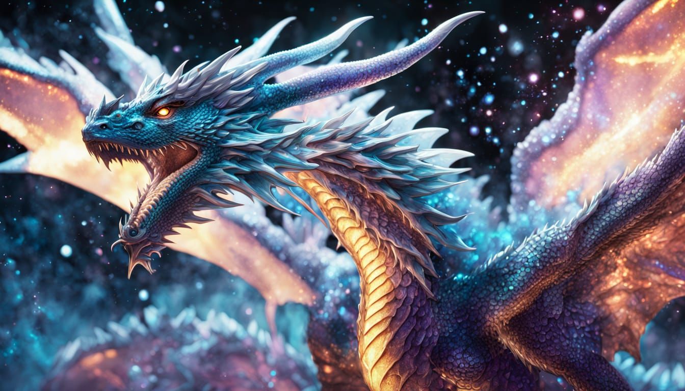 Celestial Ice Dragon Soaring Through Nebula