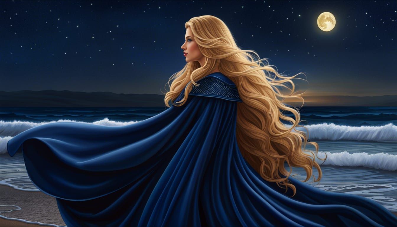 Magical Princess with Golden Hair on Starry Seashore