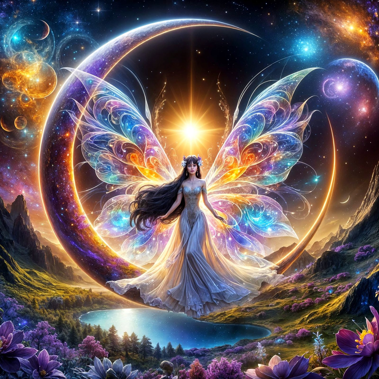 Fairy Woman in Moon Galaxy Amidst Ethereal Landscape