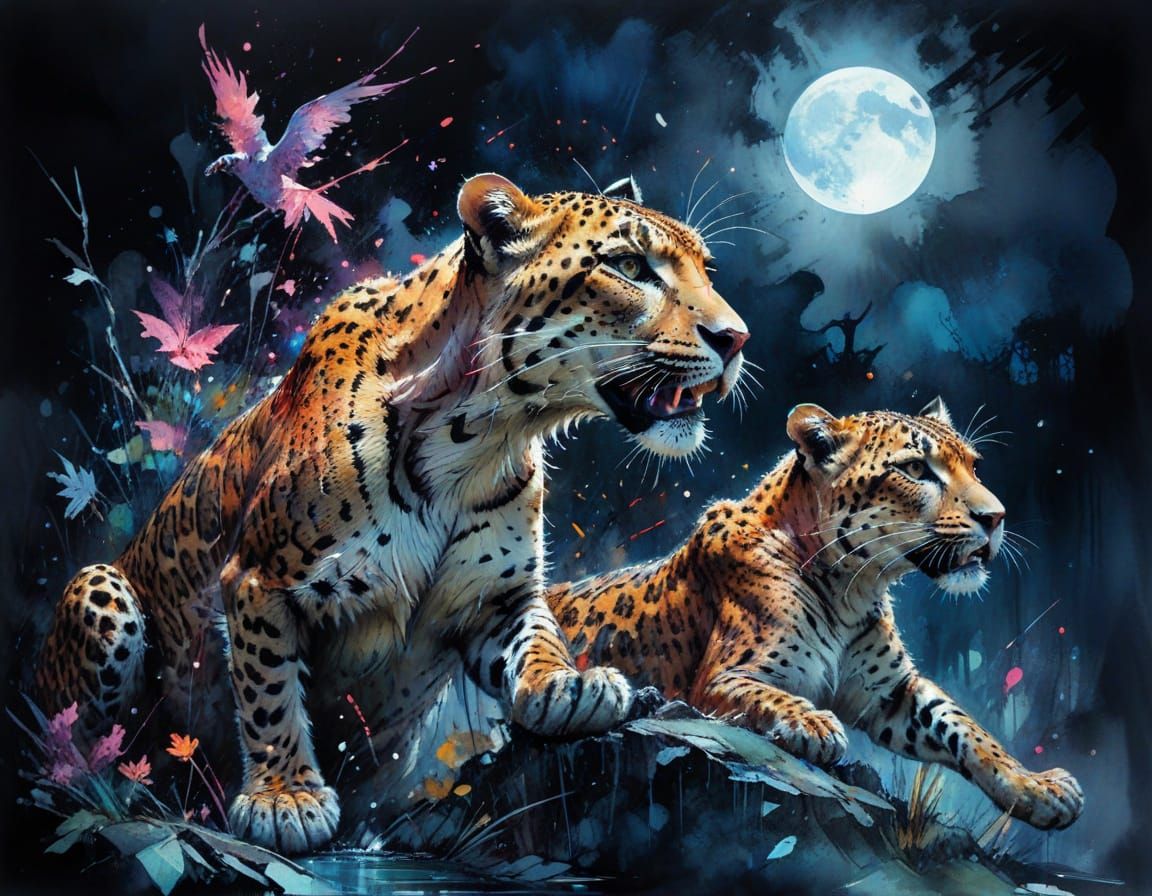 Leopards Hunting Under Moonlight in Watercolour Style
