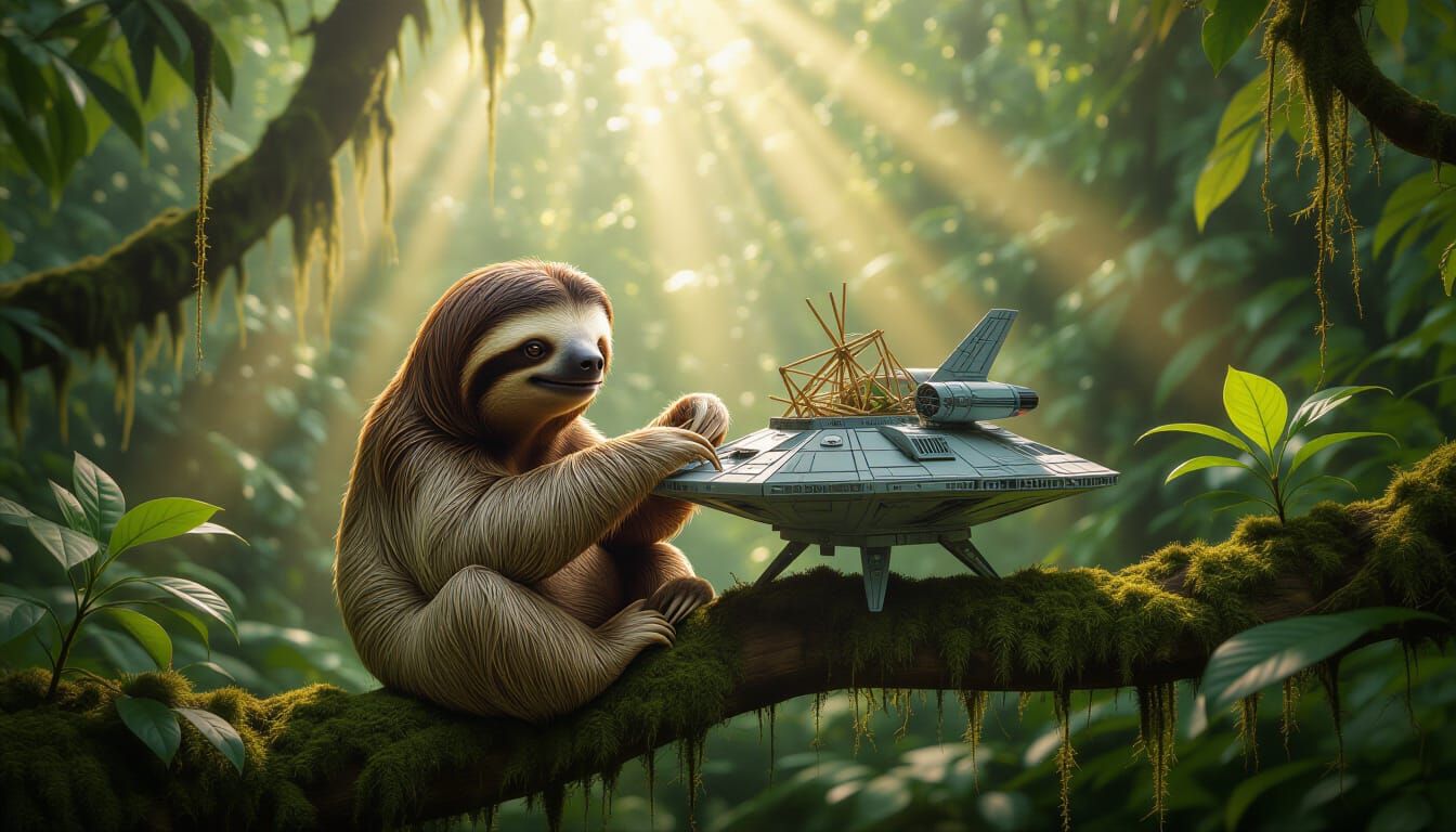 Sloth Builds Model Spaceship in Rainforest